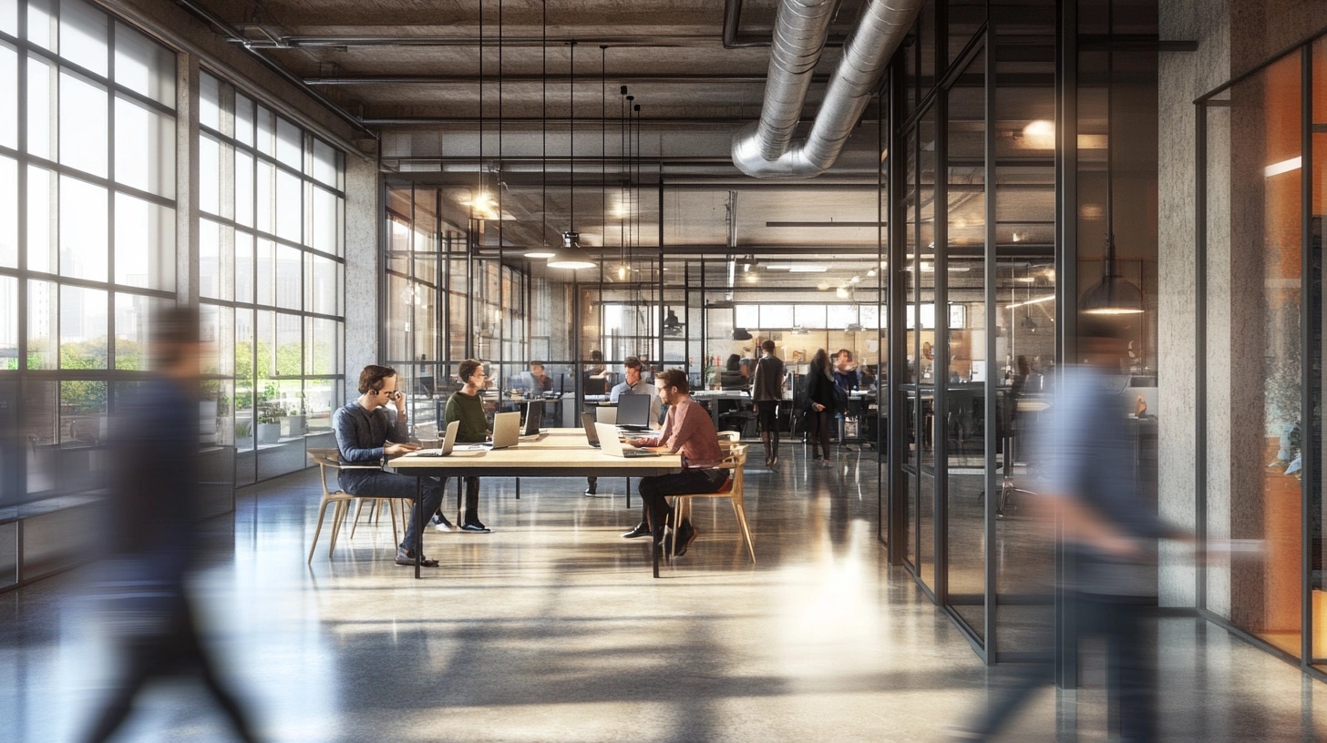Modern open-plan office with employees working at shared desks, featuring glass walls, natural light, and industrial interior design.