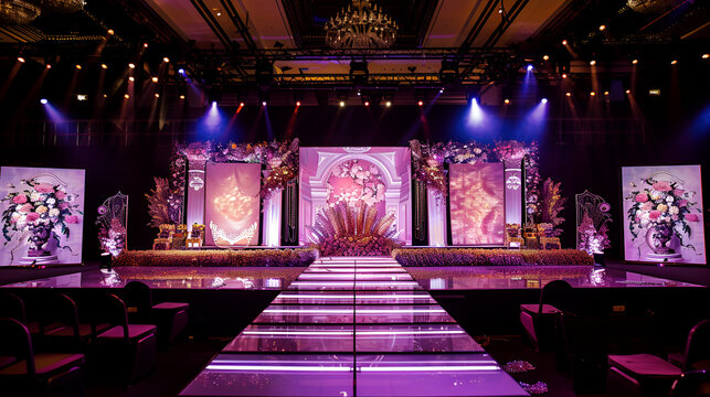 Lavish wedding stage with pink and purple floral arrangements, LED screens, mirrored runway, and elegant lighting in a grand ballroom setting.