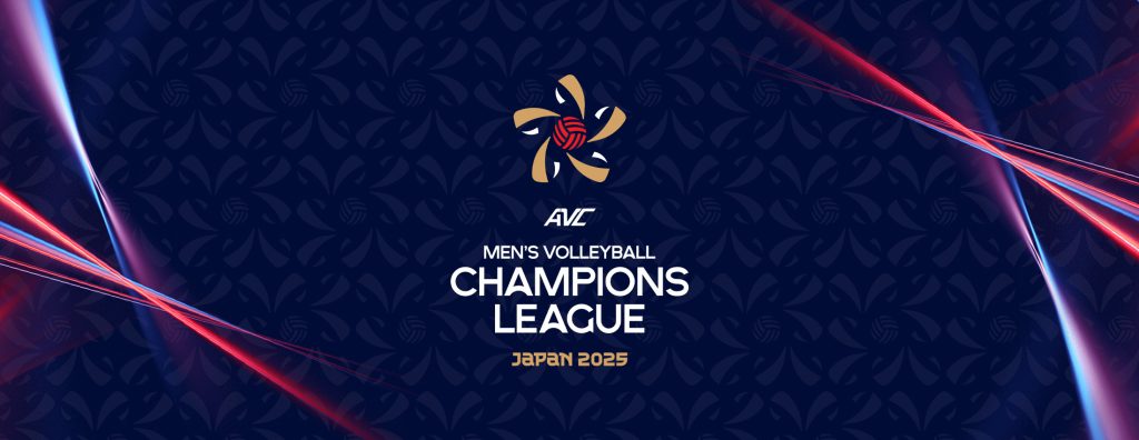 Promotional banner for the AVC Men’s Volleyball Champions League Japan 2025 featuring a stylized volleyball logo on a dark patterned background with red and blue streaks of light.