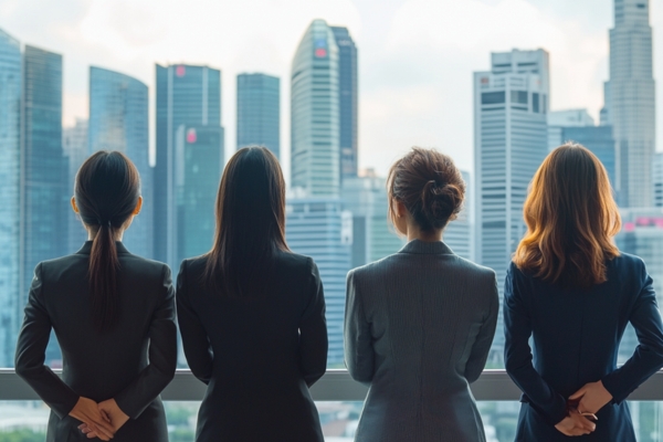 Four businesswomen in suits overlooking Singapore city skyline from office window.