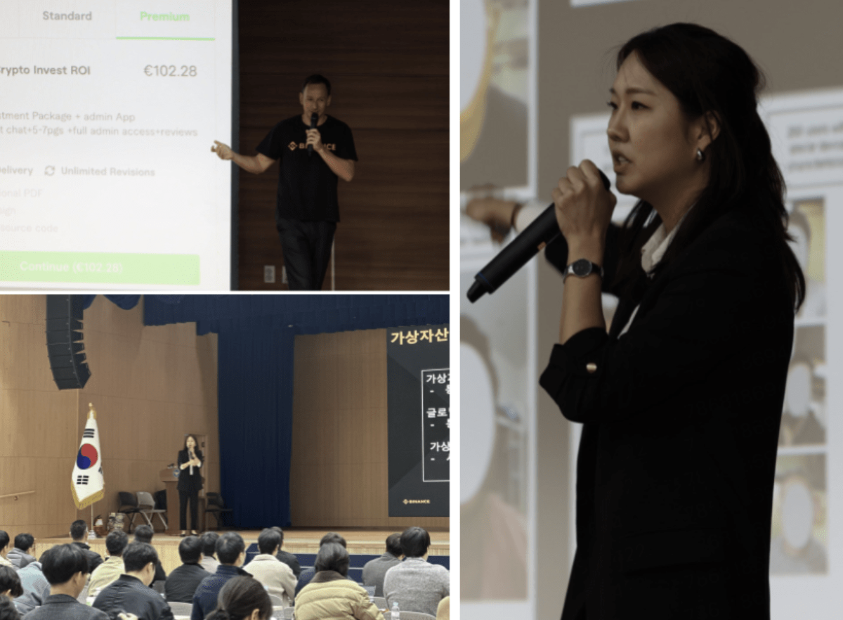 A collage of speakers presenting at a crypto or blockchain seminar. On the left, a male speaker wearing a Binance shirt discusses a crypto ROI platform projected on the screen. Below, a female speaker stands on stage in front of a South Korean flag, addressing an audience. On the right, a close-up shows the same woman speaking into a microphone with presentation slides in the background, suggesting a tech or financial education setting.