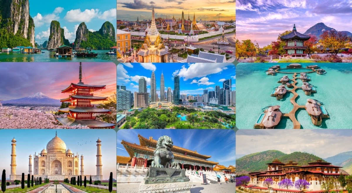 A collage of iconic landmarks across Asia including Ha Long Bay in Vietnam, Wat Arun in Thailand, Gyeongbokgung Palace in South Korea, Chureito Pagoda with Mount Fuji in Japan, Petronas Towers in Malaysia, overwater villas in the Maldives, the Taj Mahal in India, the Forbidden City in China, and Punakha Dzong in Bhutan.
