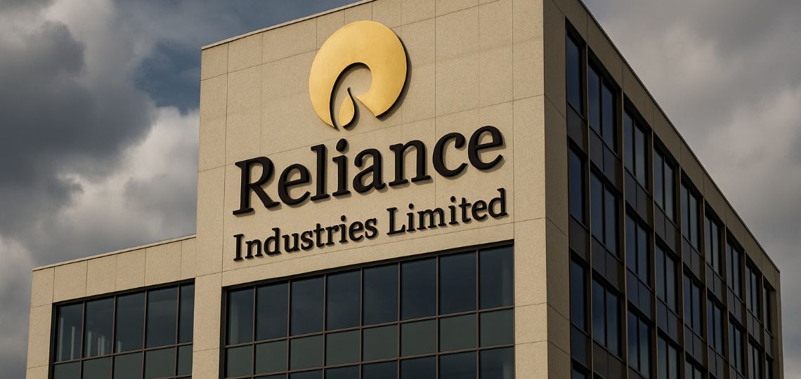 Exterior view of a Reliance Industries Limited office building with the company logo prominently displayed on the facade under a cloudy sky.