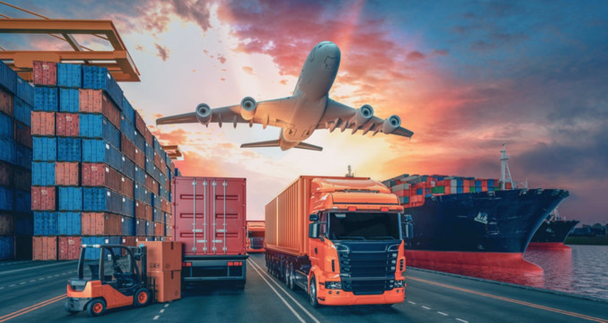 Multimodal logistics concept featuring cargo containers, freight trucks, a cargo plane in flight, and a container ship at sunset, representing global trade and supply chain integration.