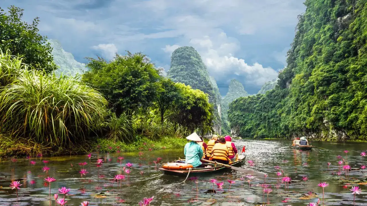 Tourists in traditional boats paddling along a lotus-filled river surrounded by green karst mountains.