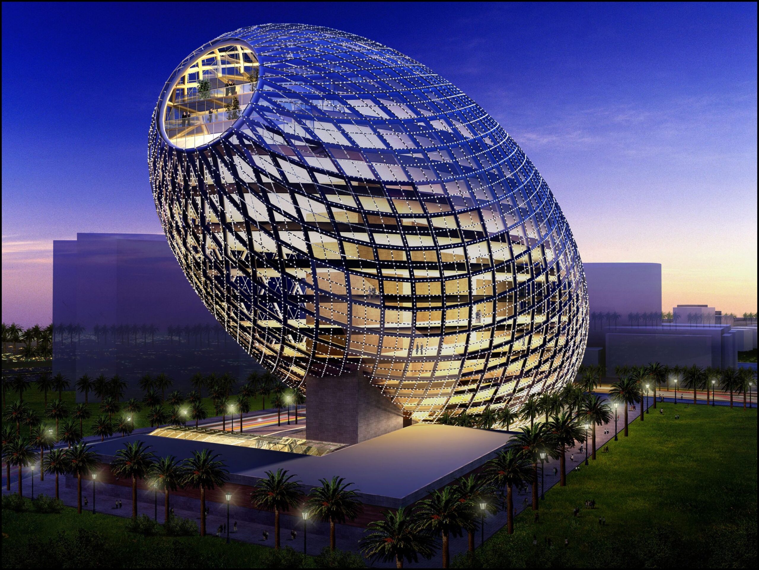 Futuristic egg-shaped glass skyscraper illuminated at dusk, surrounded by palm trees and modern landscaping, showcasing innovative architectural design in an urban setting.