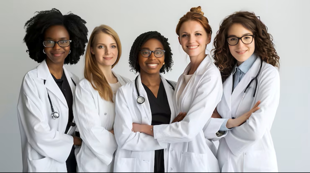 Group of diverse female doctors in white coats smiling confidently, representing women in healthcare and medical leadership.