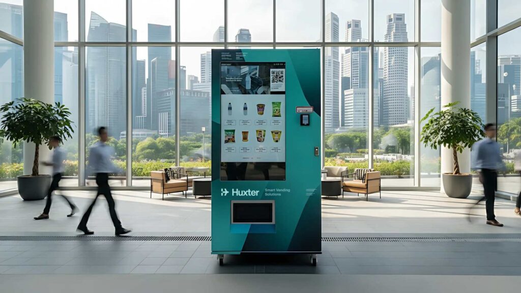 Huxter smart vending machine in a modern office lobby with Singapore skyline in the background.