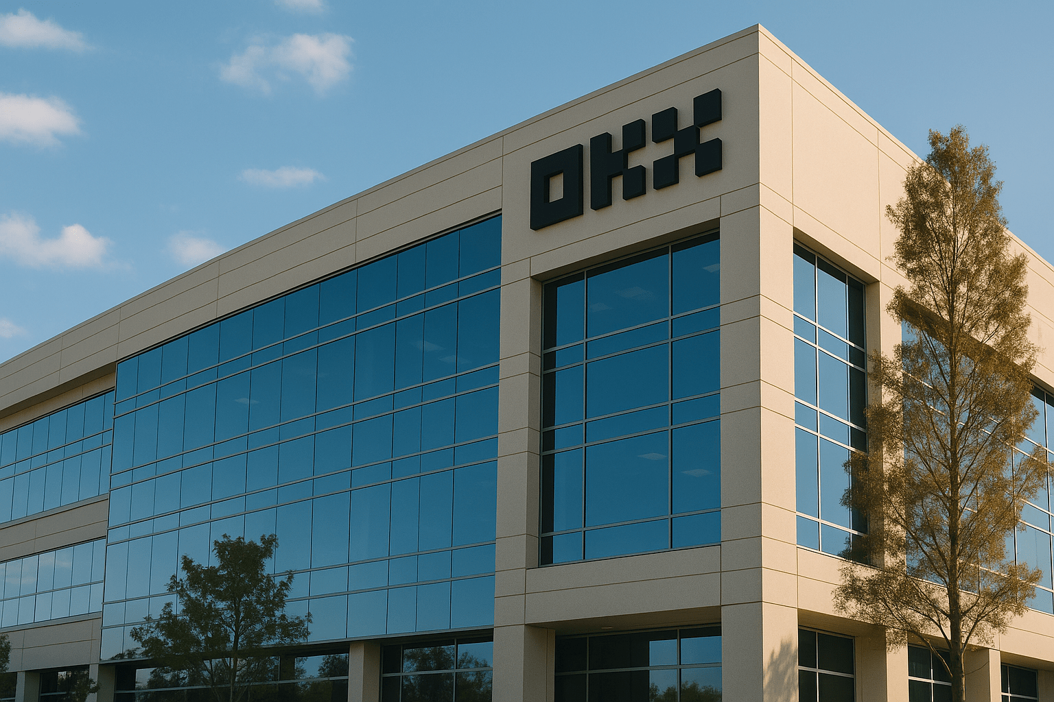 Exterior view of OKX headquarters building with glass facade and company logo.