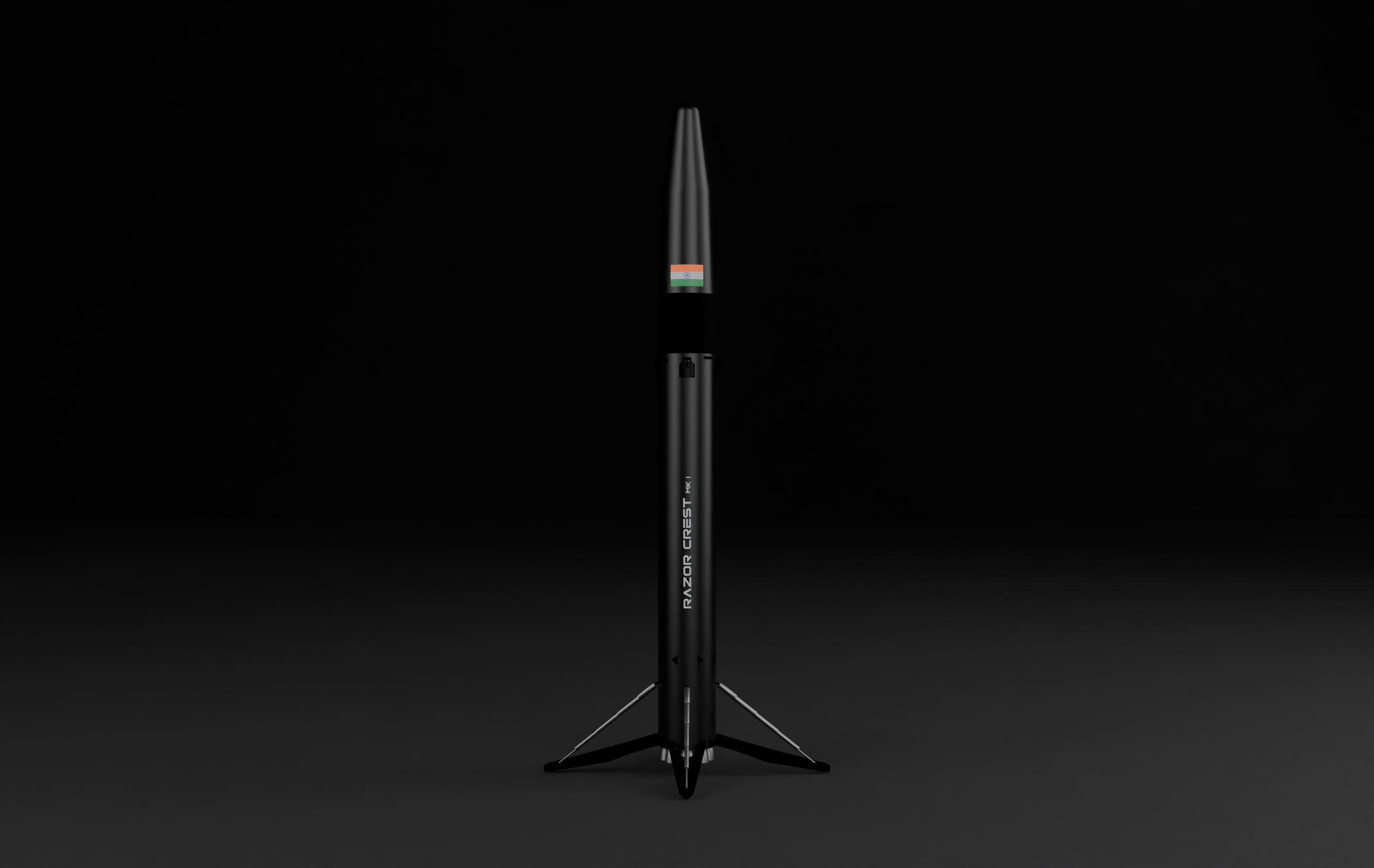 Black reusable launch vehicle labeled ‘Razor Crest MK1’ with landing legs deployed and Indian flag insignia, shown in a vertical configuration against a dark background, representing next-generation private space launch technology.