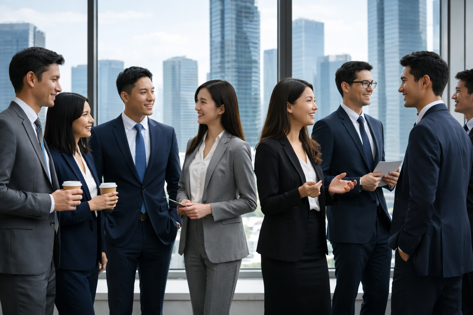 Group of Asian business professionals in formal attire networking and discussing ideas in a modern office, standing by large windows with a city skyline in the background.