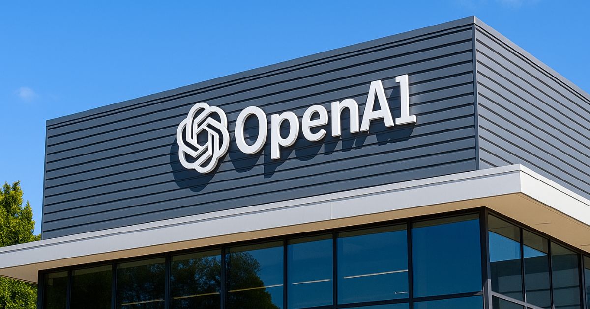 OpenAI logo displayed on the exterior of a modern office building, representing the company’s global AI research and enterprise technology operations.