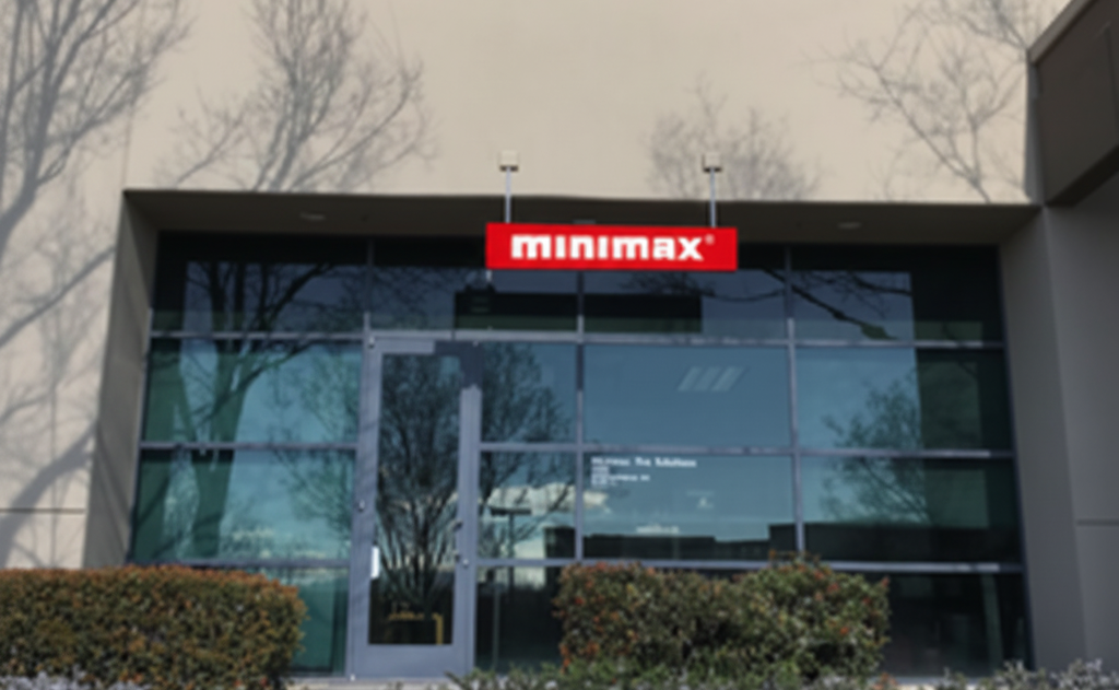 Exterior view of a Minimax retail store with a red Minimax sign above a glass entrance, set within a modern commercial building and landscaped frontage.