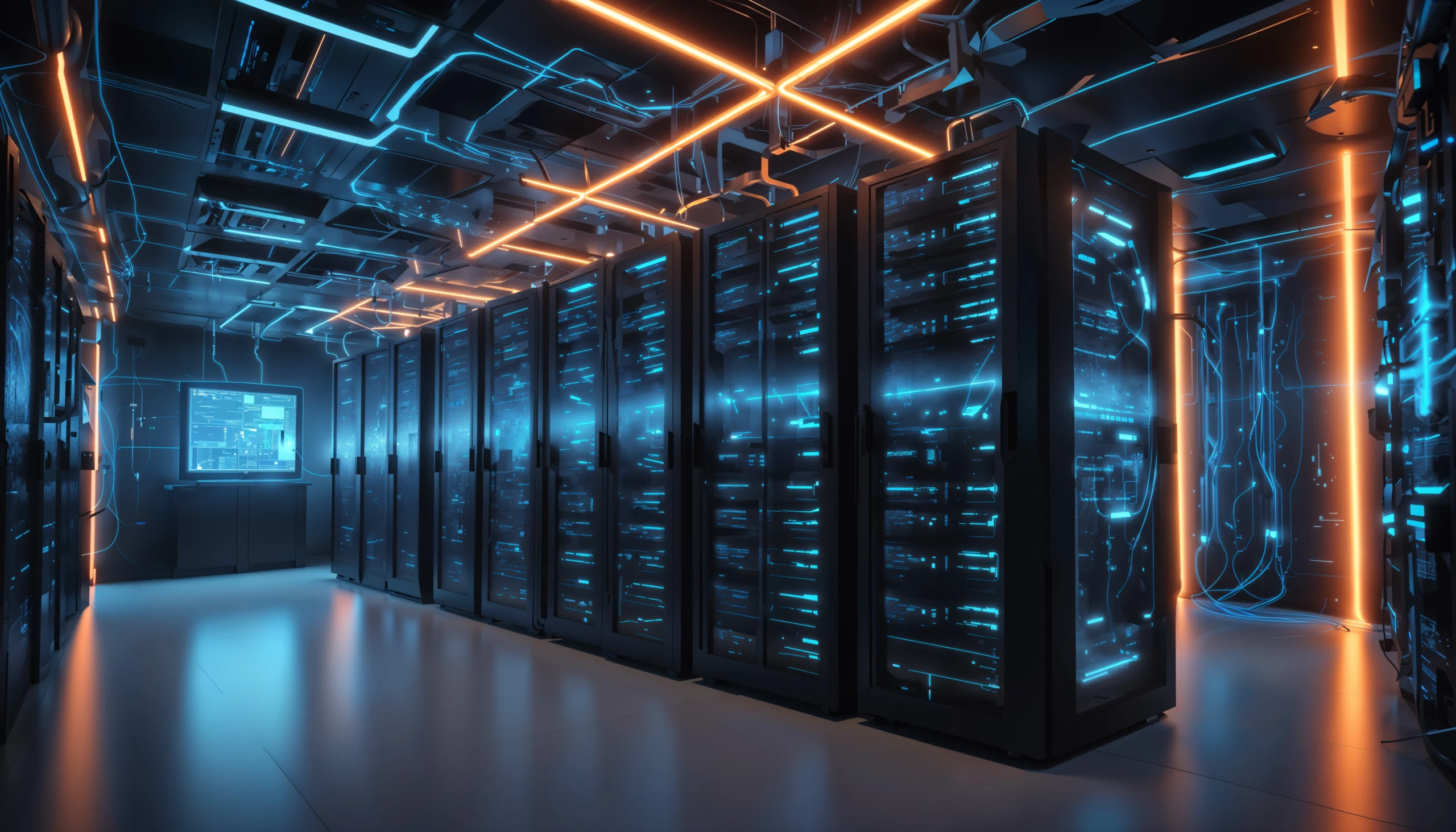 High-performance data centre with rows of server racks and illuminated network infrastructure, representing cloud computing, AI workloads, and digital infrastructure powering enterprise technology.