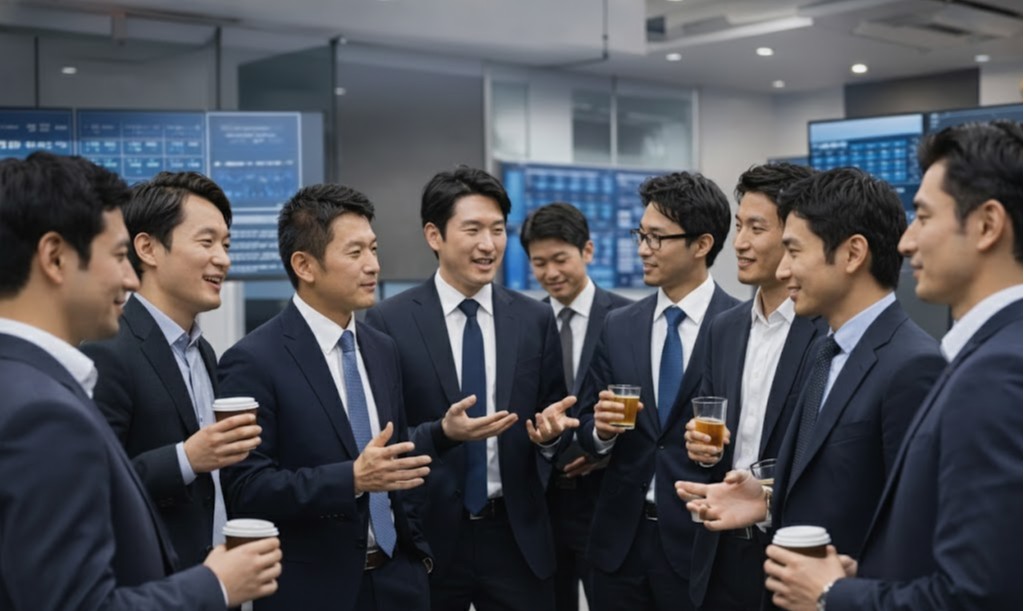 Group of Asian finance professionals in suits networking inside a modern trading floor, with digital market screens in the background, representing teamwork, corporate culture, and financial industry collaboration.