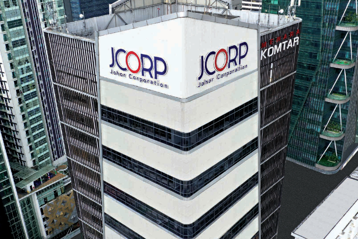 JCORP (Johor Corporation) headquarters building with corporate signage visible on the facade, located in Johor’s commercial district.