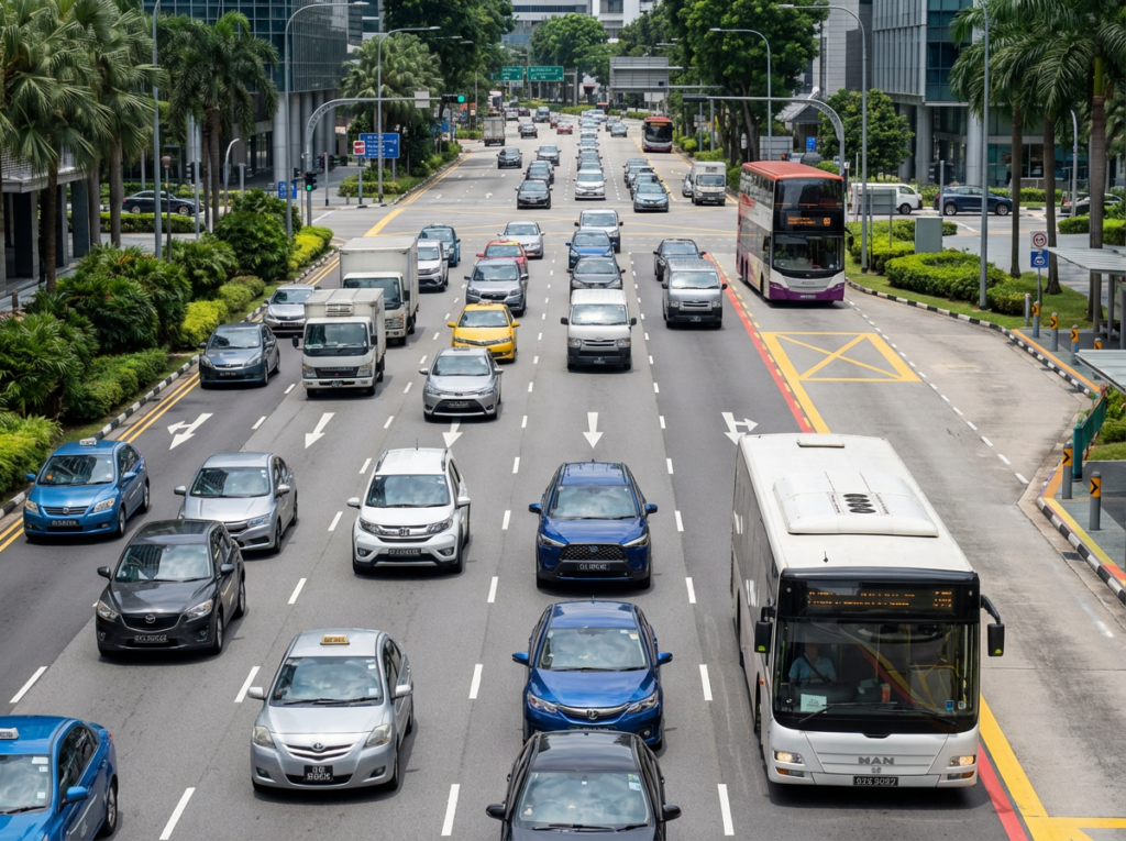 Multi lane road in Singapore CBD with cars, buses and palm trees lining the street