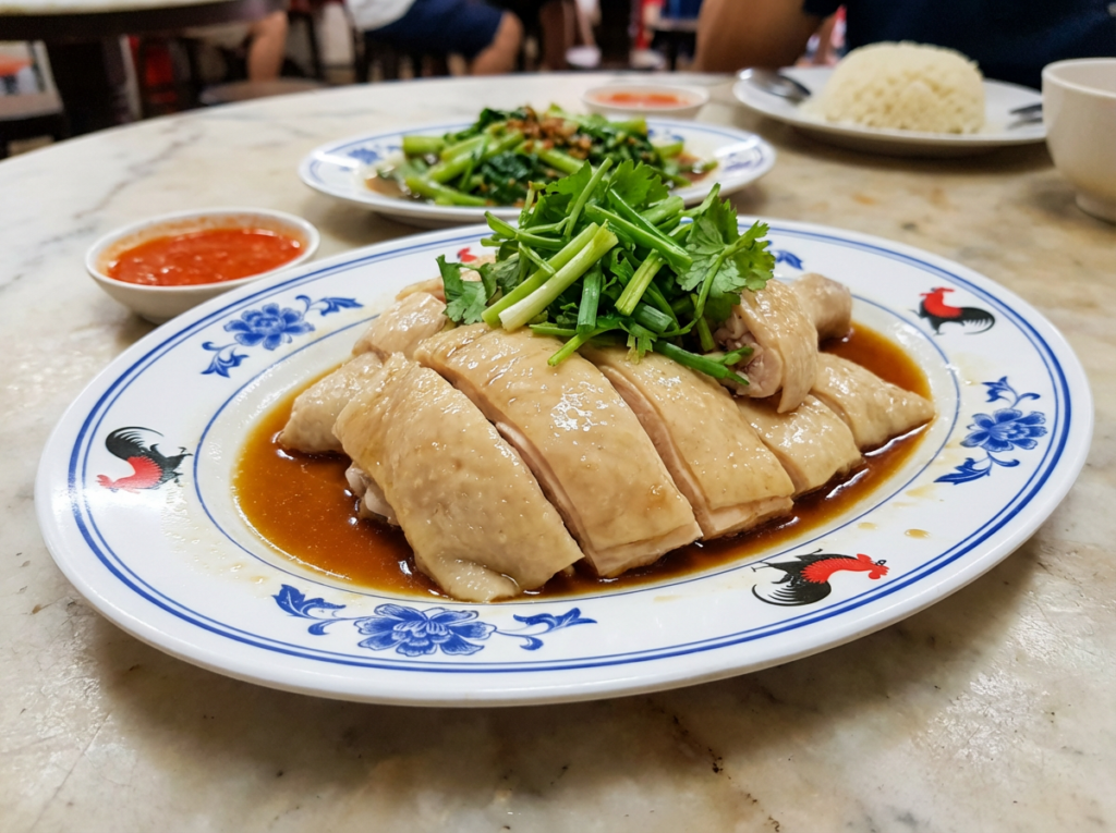 Hainanese chicken rice served at a Singapore hawker stall with chili sauce and steamed rice on a marble table