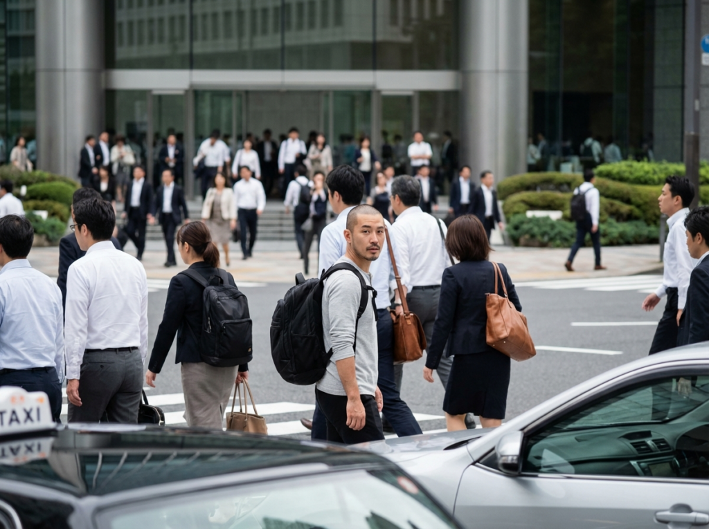 Office workers crossing a street in Singapore’s financial district during peak hour