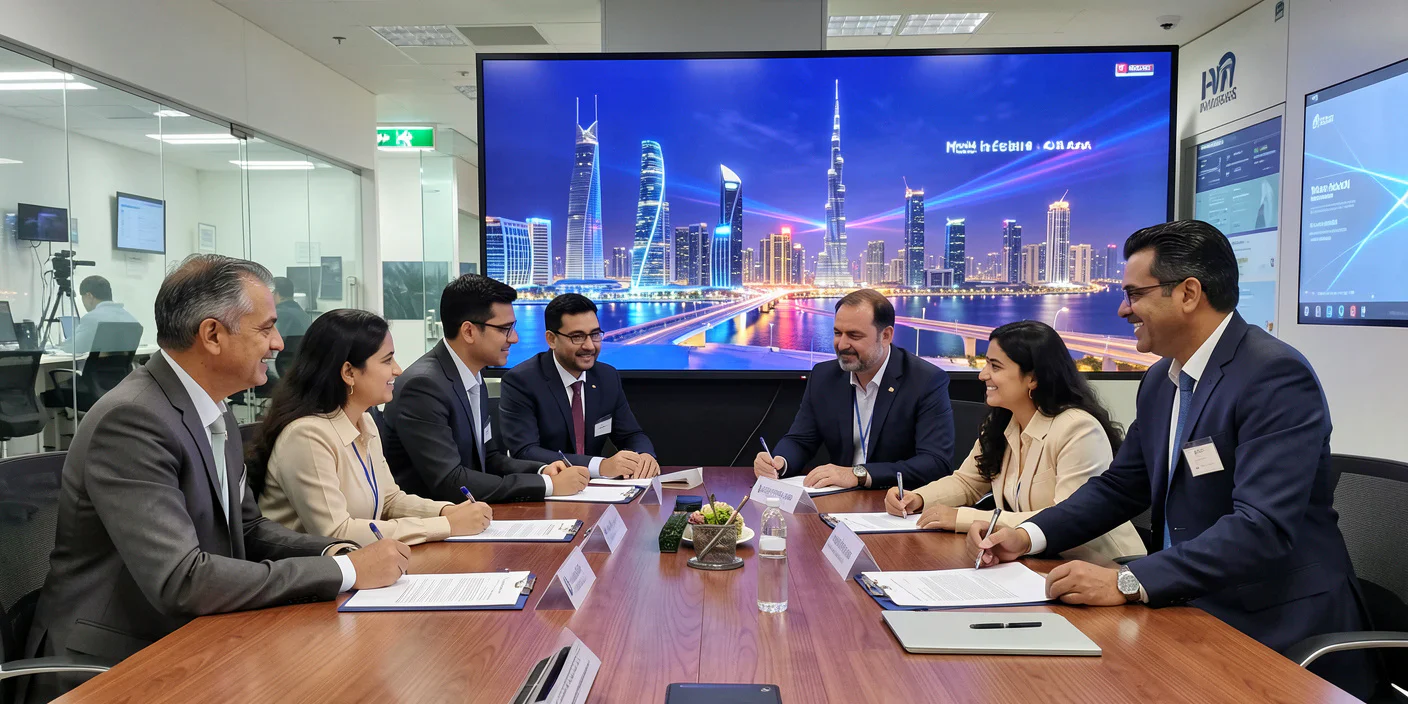 Business executives in formal meeting signing partnership agreement with Dubai skyline displayed on screen in modern corporate boardroom.