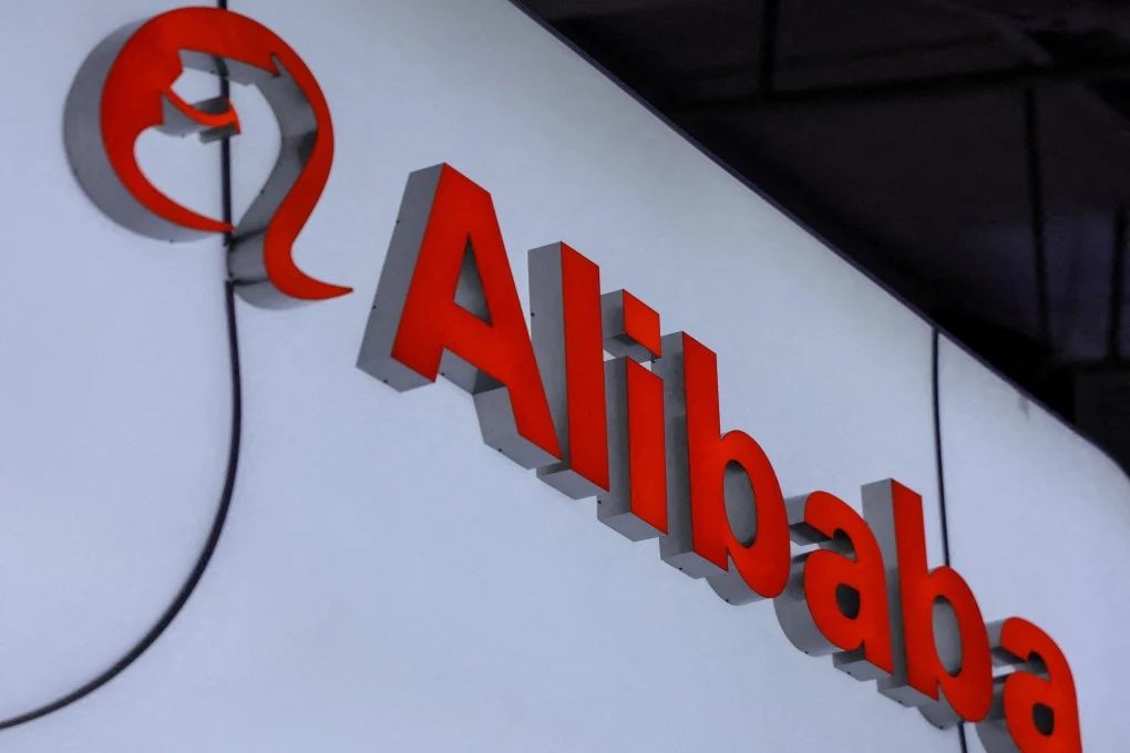 Alibaba company logo displayed on an office wall, representing the Chinese e-commerce and technology giant’s global digital commerce operations.
