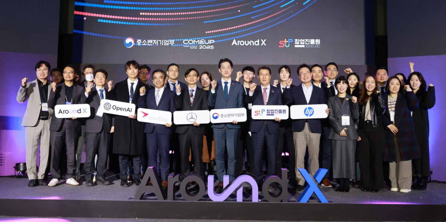 Global tech leaders and partners at COMEUP 2025 in Seoul, featuring Around X, OpenAI, HP, and government agencies during a startup and innovation collaboration event.