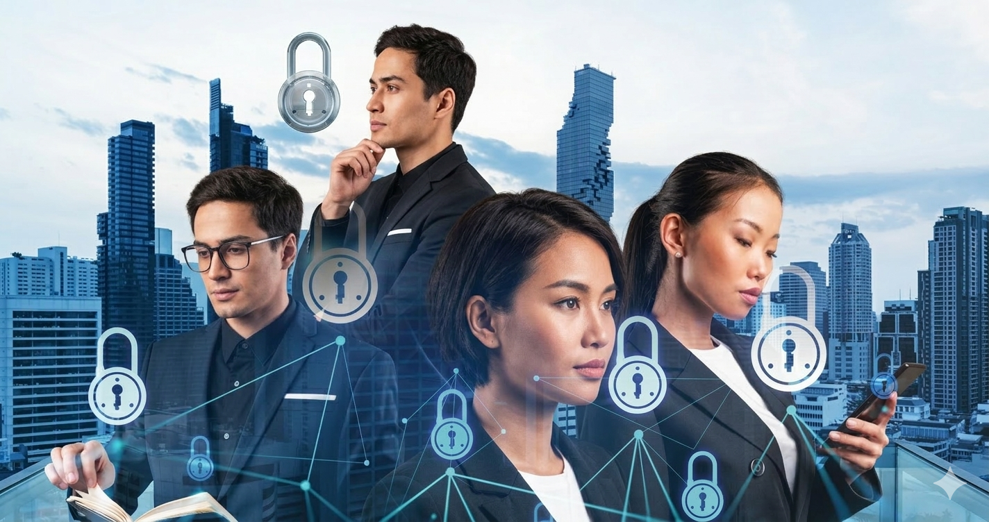 Business professionals in a city skyline backdrop with digital lock icons representing cybersecurity, data protection, and secure enterprise networks.