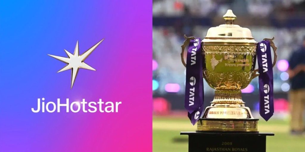 JioHotstar logo displayed alongside the Indian Premier League (IPL) trophy, highlighting the streaming platform’s digital broadcast rights for the major cricket tournament.