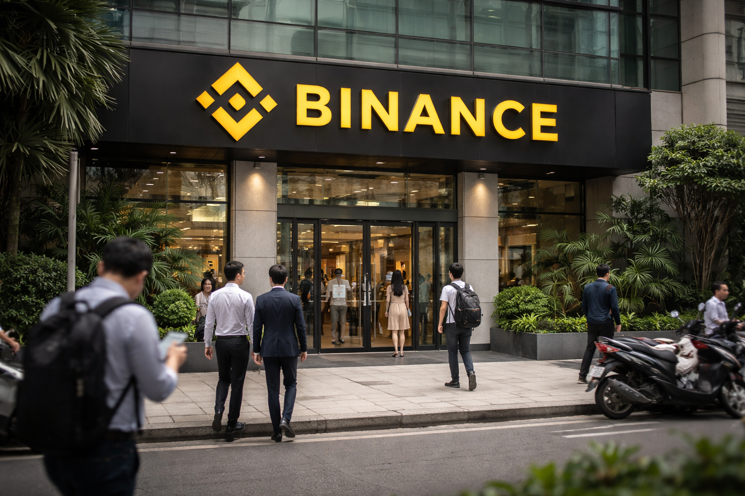 Binance cryptocurrency exchange office entrance with prominent yellow Binance logo as professionals walk into the financial technology company’s building.