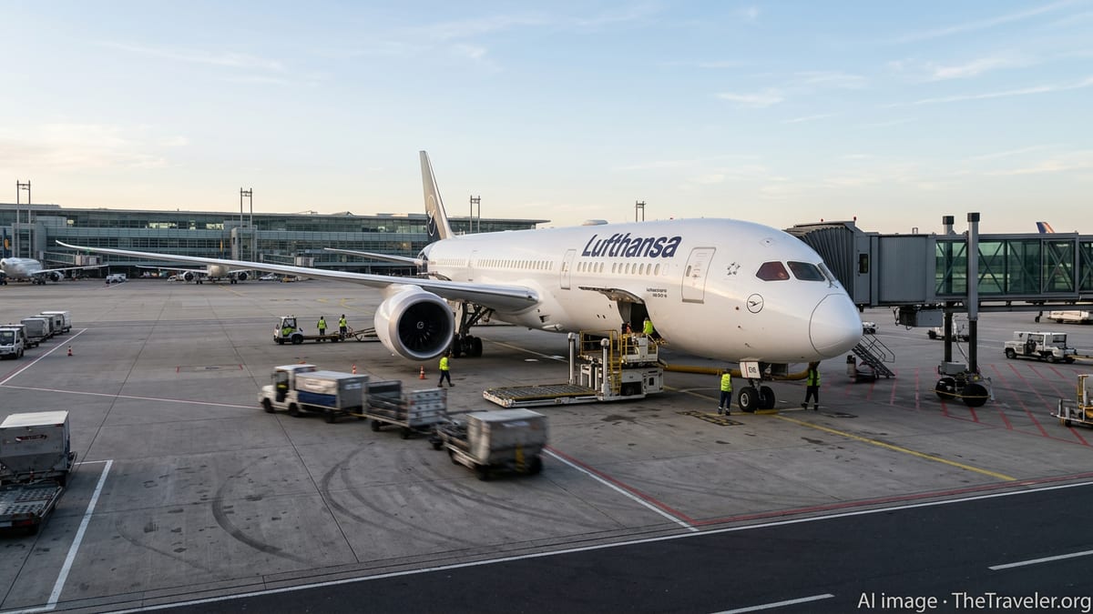 Lufthansa passenger aircraft parked at airport gate with ground crew and service vehicles preparing the plane for departure.