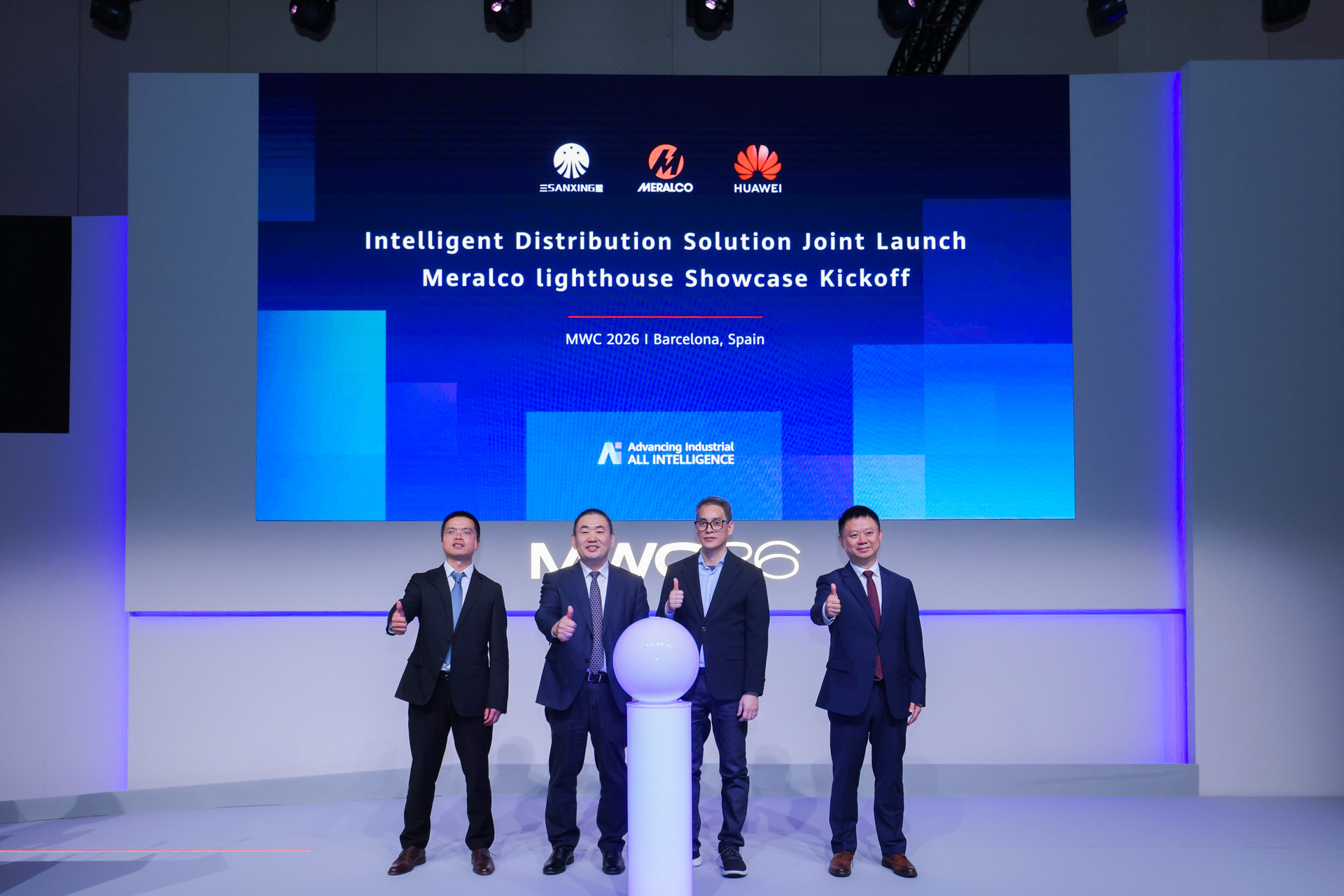 Executives from Huawei, Meralco, and partners launch intelligent distribution solution at MWC Barcelona, highlighting smart energy and digital infrastructure collaboration.