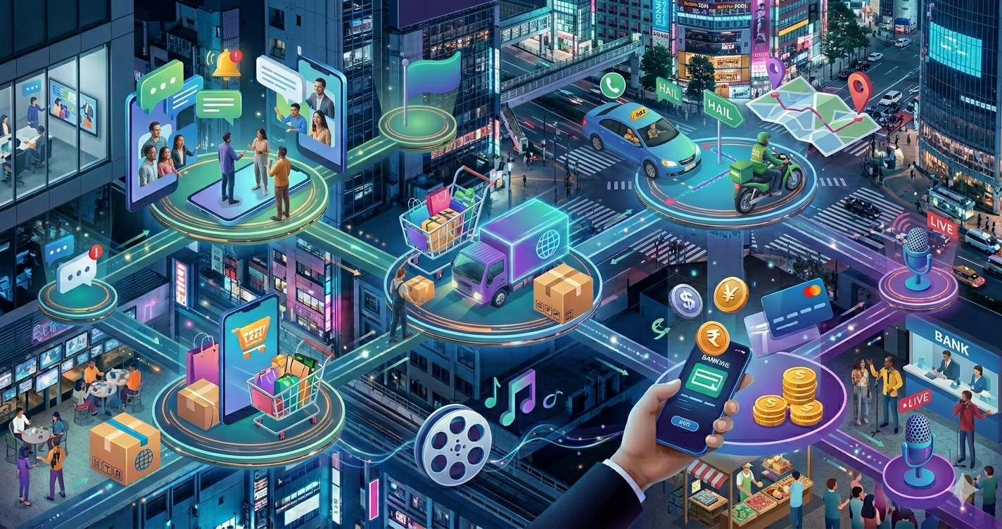 Futuristic smart city ecosystem with interconnected digital platforms for e-commerce, fintech, mobility, and communication, illustrating integrated urban technology and digital economy networks.