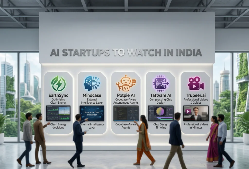 AI startups to watch in India showcase featuring EarthSync, Mindcase, Potpie AI, Tattvam AI, and Trupee.ai, highlighting innovation in clean energy, enterprise AI, automation, chip design, and video technology.