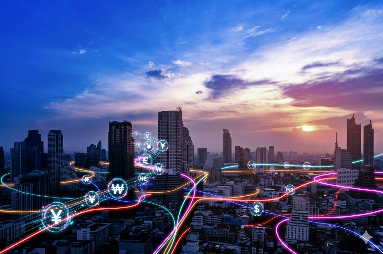 Smart city skyline at sunset with digital currency icons and data streams overlay, illustrating global fintech networks, cross-border payments, and urban digital economy growth.