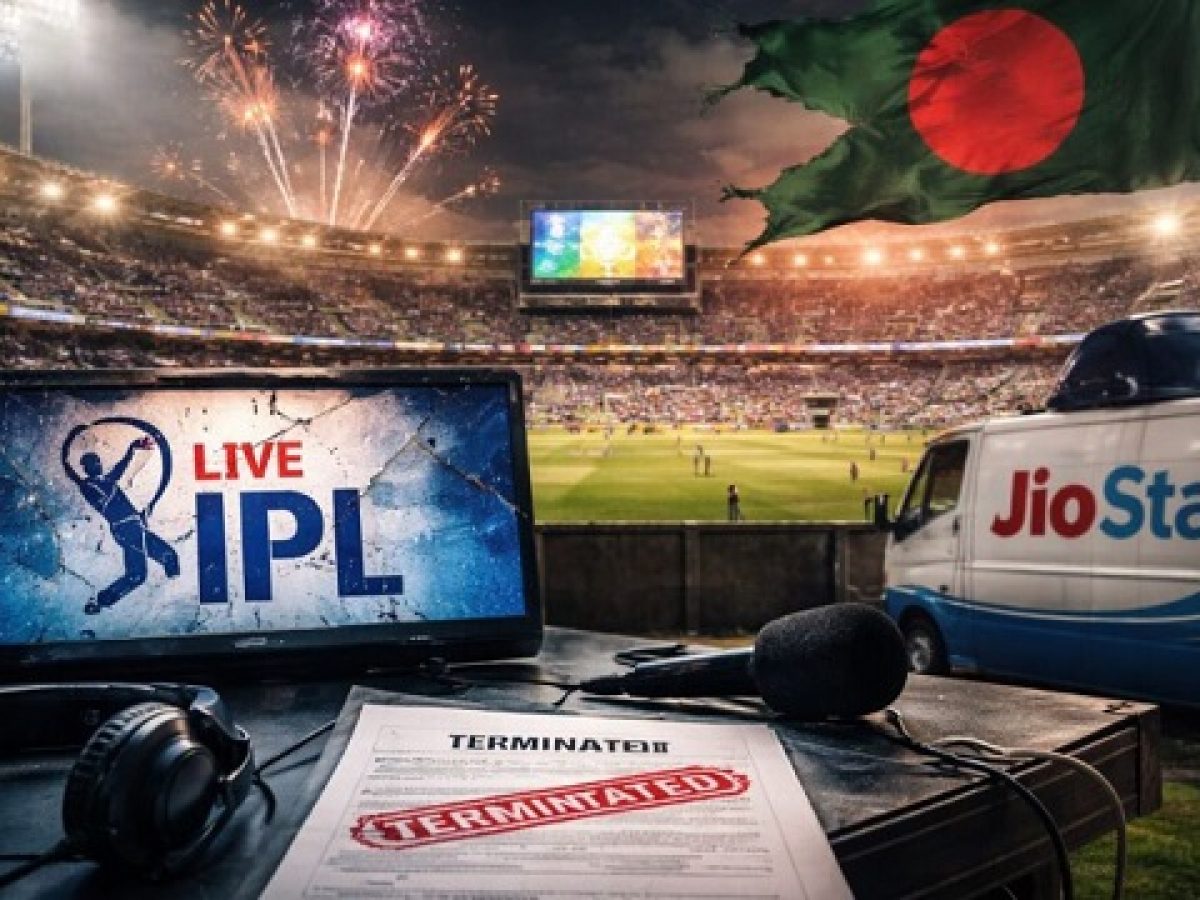 IPL cricket match broadcast scene with stadium crowd, fireworks, Bangladesh flag, and JioStar media van highlighting live sports streaming coverage.