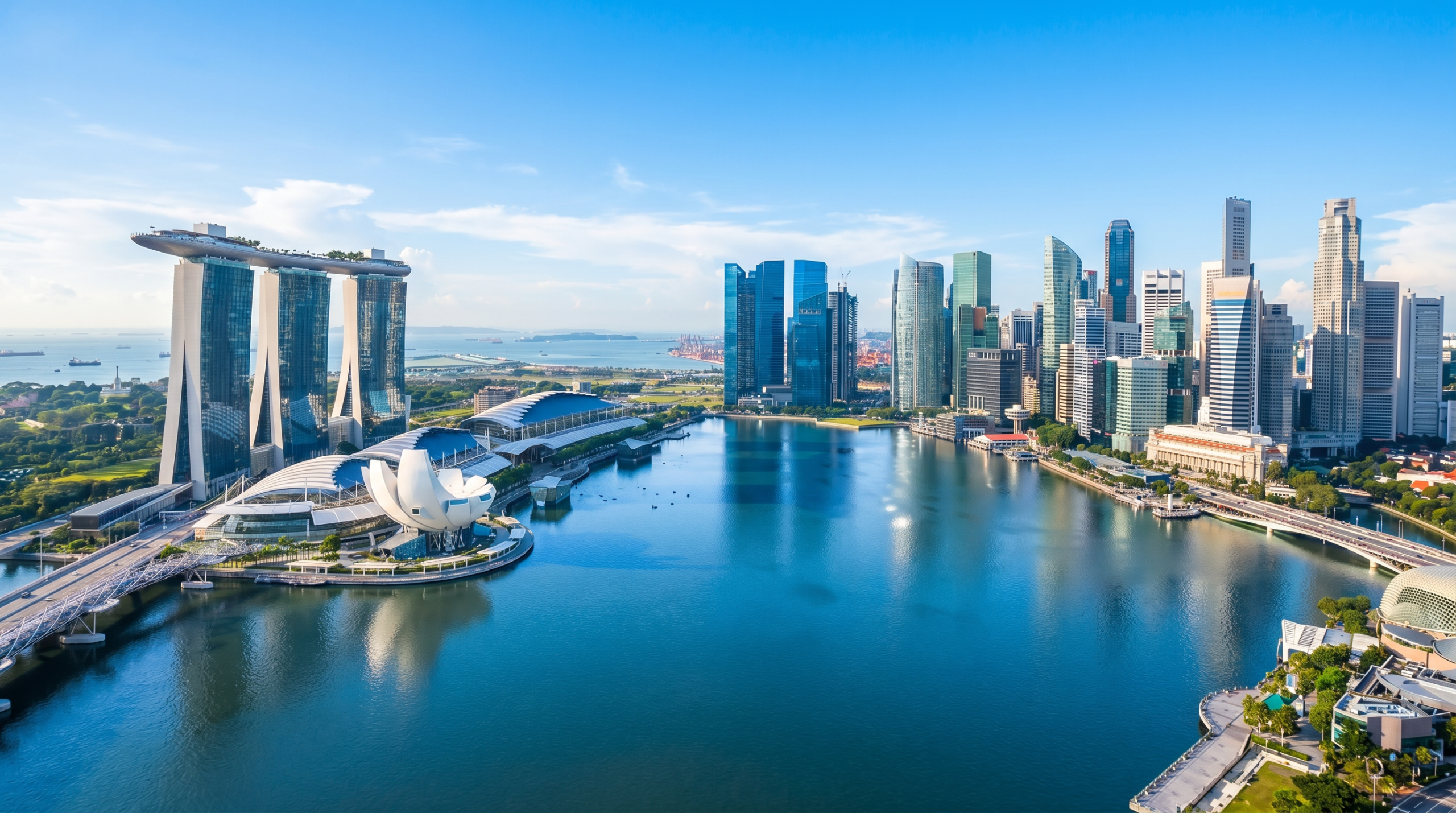Aerial view of Singapore skyline featuring Marina Bay Sands, financial district towers, and waterfront under clear blue skies.