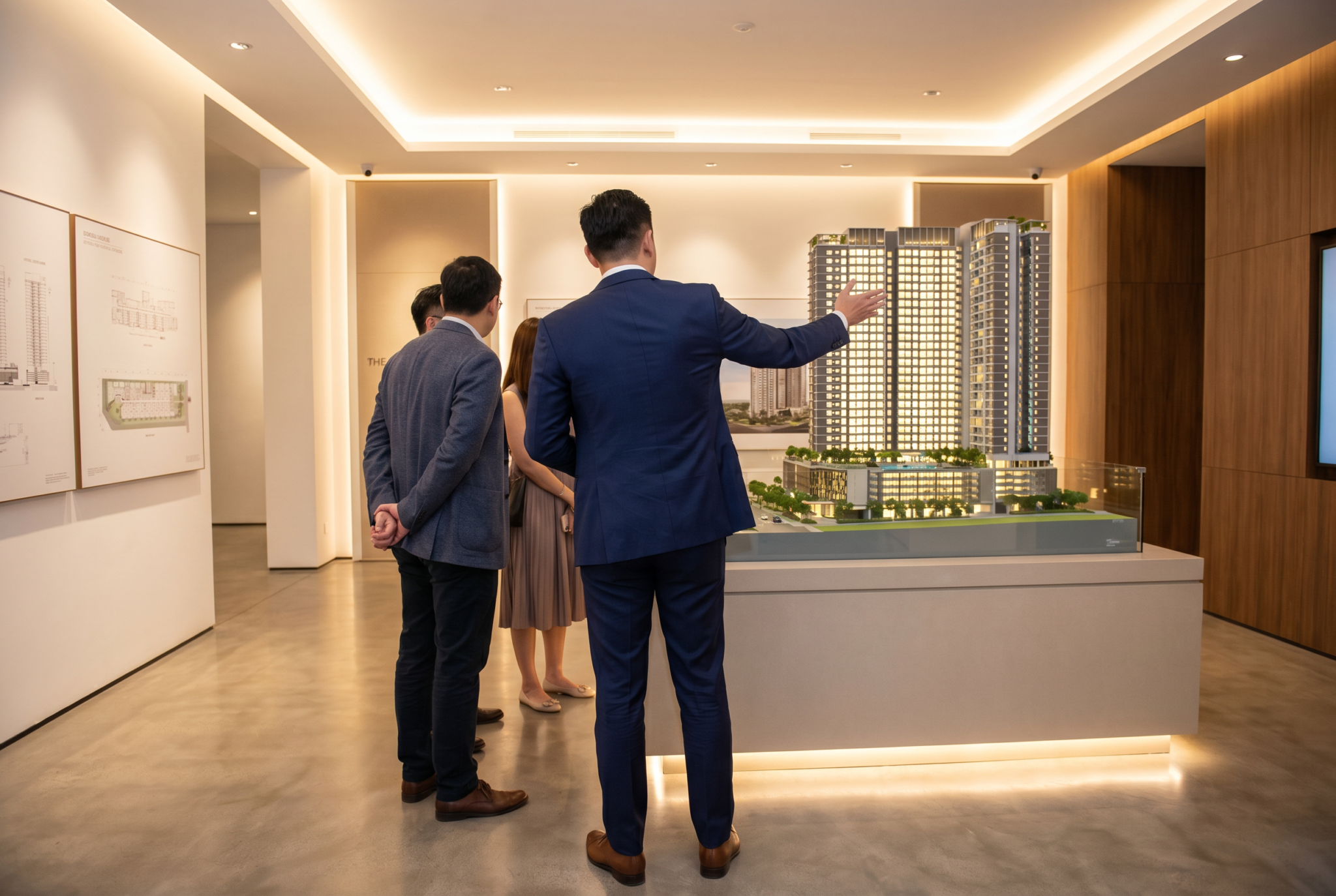 Real estate advisor in a suit explaining a scale model of a residential development to clients in a showroom.