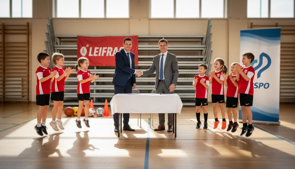 Business partnership handshake at sports academy signing event with children in uniforms applauding, symbolizing youth development, corporate sponsorship, and community sports collaboration.