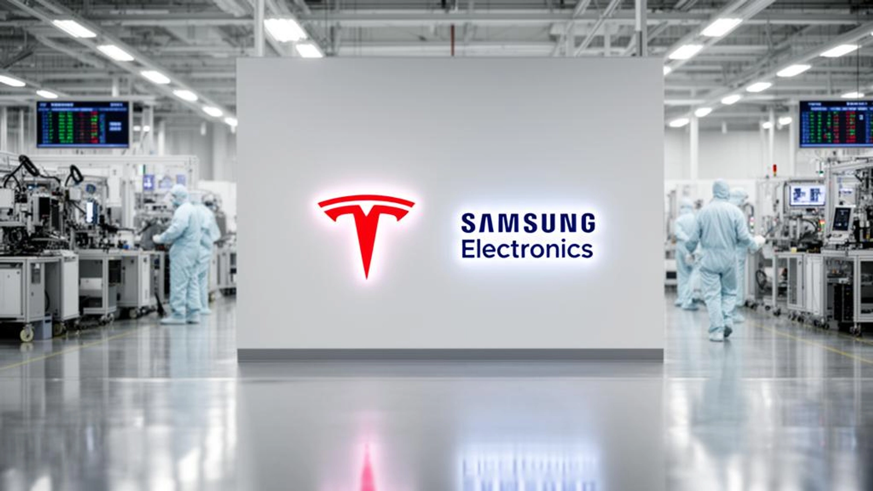 Tesla and Samsung Electronics partnership concept in semiconductor factory, highlighting AI chip manufacturing, advanced electronics production, and global tech collaboration.