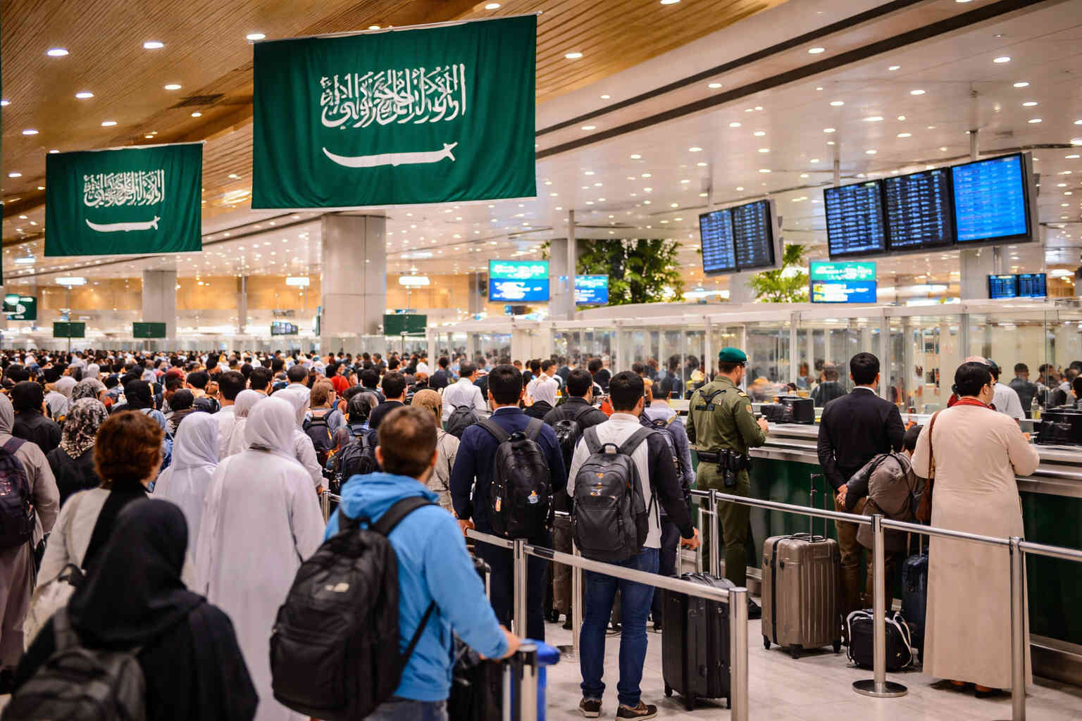 Crowded airport immigration area in Saudi Arabia with travelers queuing under national flags and digital flight information screens.
