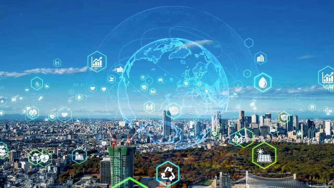 Smart city skyline with digital globe and data icons overlay, representing global connectivity, sustainability, and urban technology innovation.