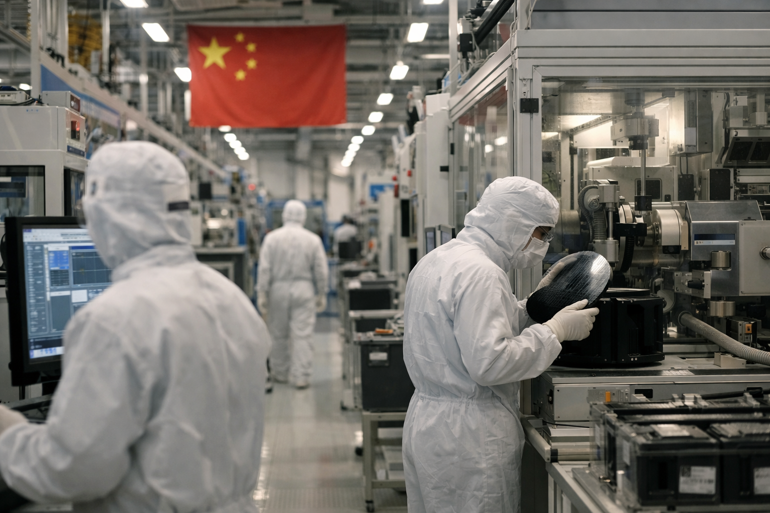 Workers in cleanroom suits inspecting semiconductor wafers in advanced chip manufacturing facility in China, highlighting domestic semiconductor production and high-tech industry development.