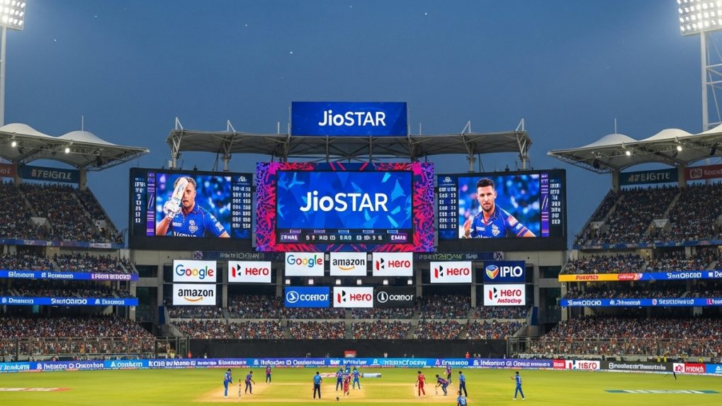 JioStar branding displayed on stadium scoreboard during a live cricket match, with players on field and packed crowd, highlighting sports broadcasting and media partnerships in India.