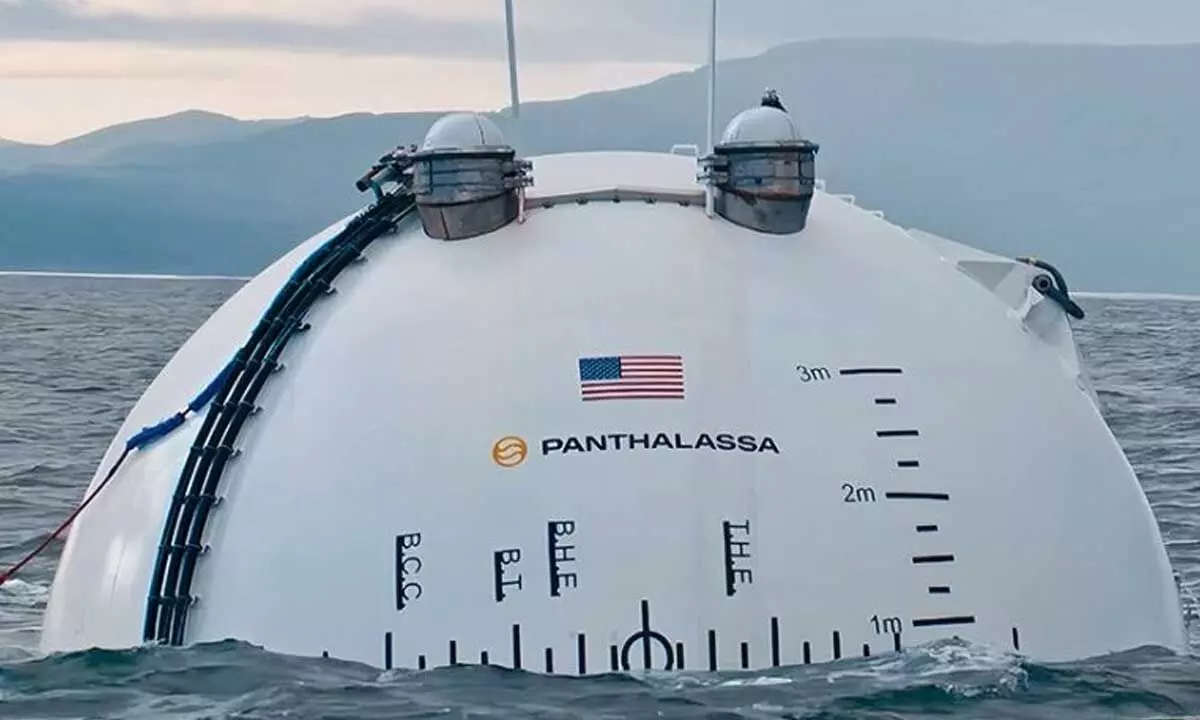 Panthalassa ocean carbon capture device partially submerged at sea, showcasing innovative marine technology for CO₂ removal and climate-focused sustainability solutions.