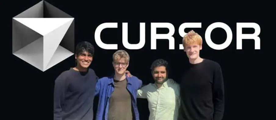 Cursor AI startup team standing in front of the company logo, highlighting AI-powered coding tools, developer productivity innovation, and the rapid growth of artificial intelligence startups.