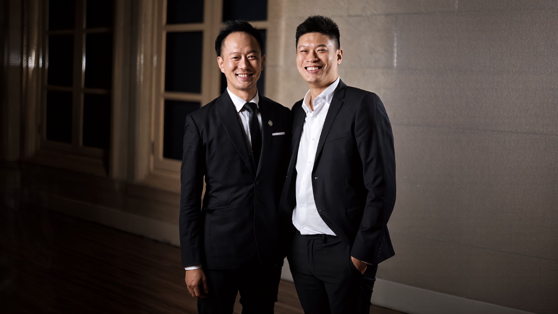 Portrait of two founders of The 1925 Brewing Co. standing together in formal attire.