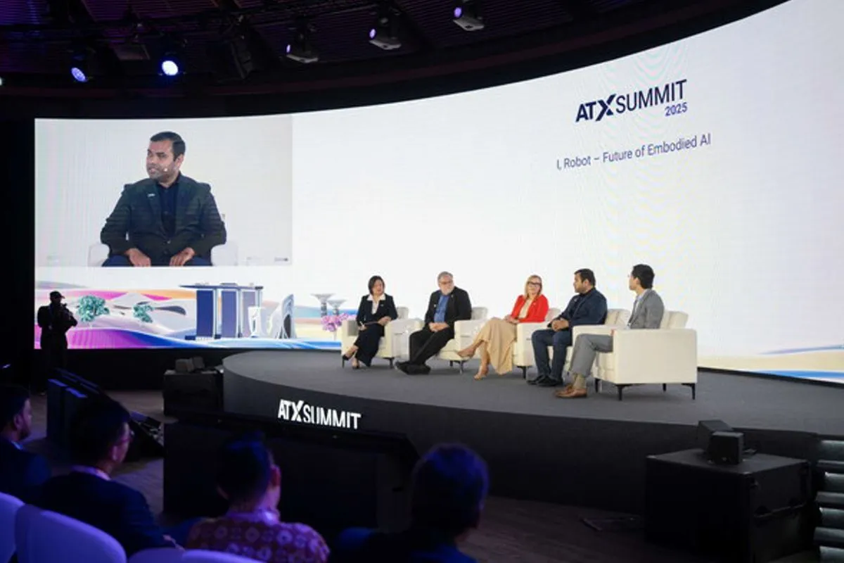 Panel discussion at ATxSummit 2025 on the future of embodied AI and robotics, featuring industry leaders speaking on artificial intelligence innovation and next-generation automation technologies.