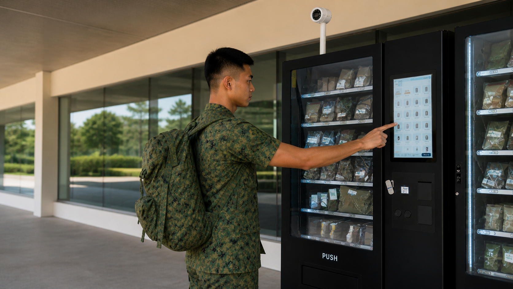 Singapore serviceman in uniform using a smart vending machine with touchscreen interface outdoors.