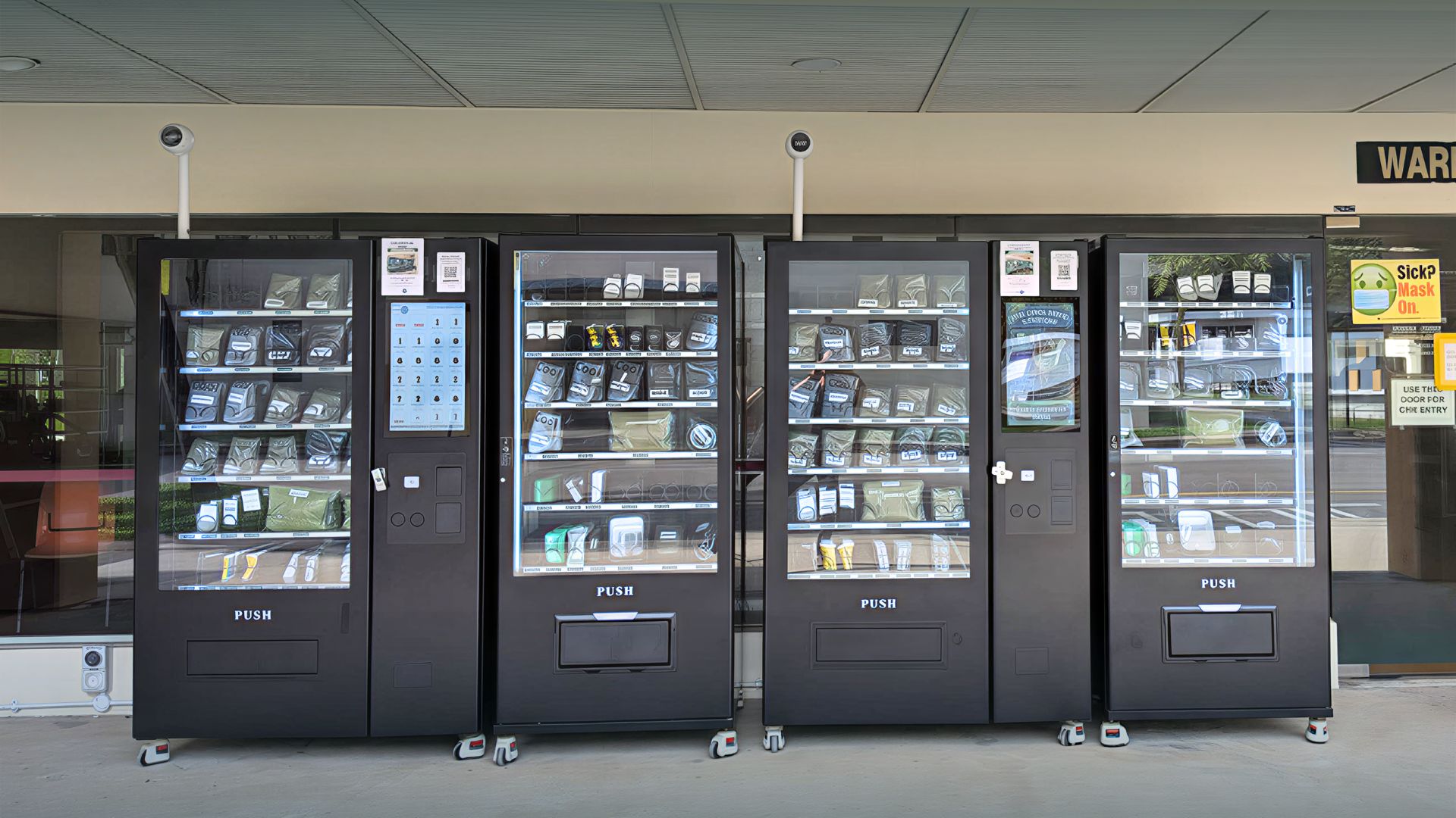 Multiple smart vending machines filled with military supplies lined up in a sheltered outdoor area.