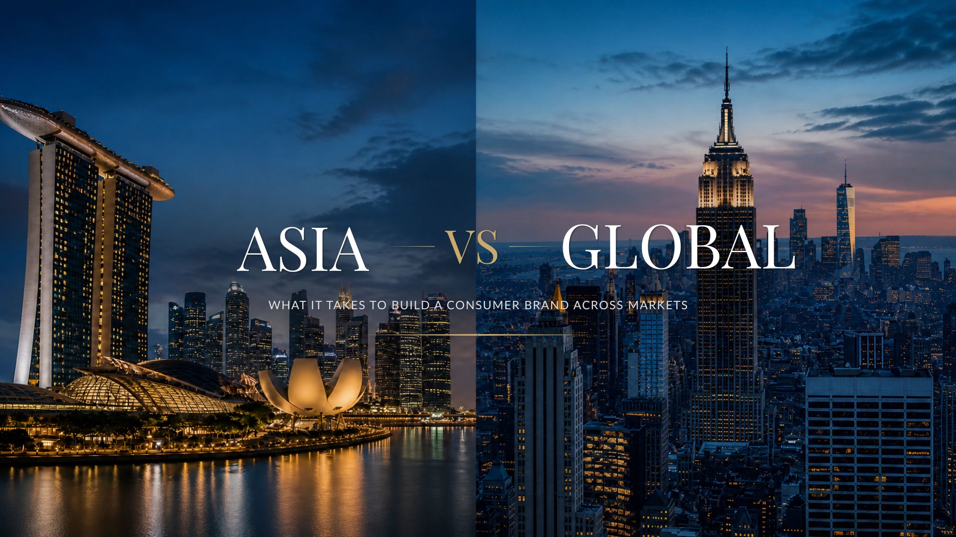 Split image showing Singapore skyline at Marina Bay and New York City skyline at dusk with text Asia vs Global.